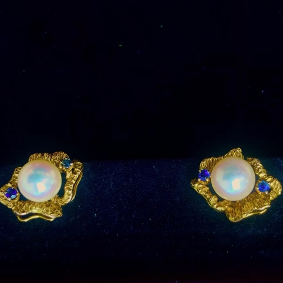 Akoya - Stunning Cultured Salt Water 18K Gold Pearl Earrings w/ Blue Sapphires
